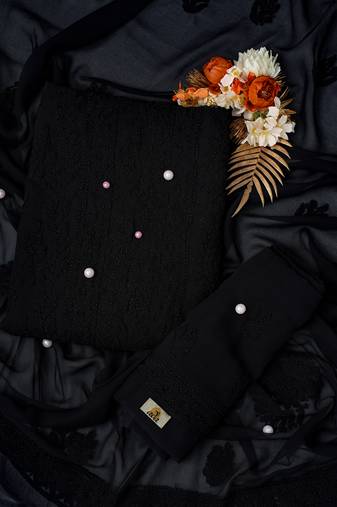 Hand Embroidered Jet Black Georgette Lucknowi Chikankari Indian Women Unstitched Suit Piece