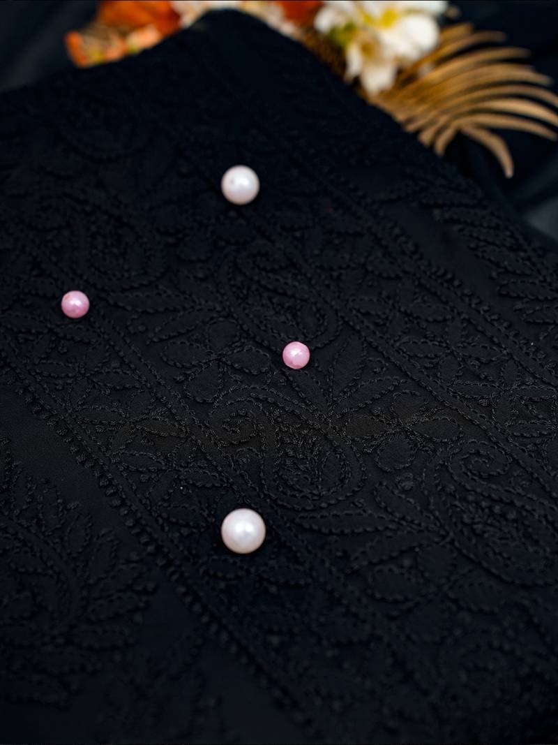 Hand Embroidered Jet Black Georgette Lucknowi Chikankari Indian Women Unstitched Suit Piece