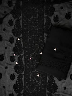 Hand Embroidered Jet Black Georgette Lucknowi Chikankari Indian Women Unstitched Suit Piece 3