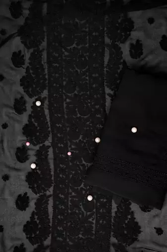 Hand Embroidered Jet Black Georgette Lucknowi Chikankari Indian Women Unstitched Suit Piece