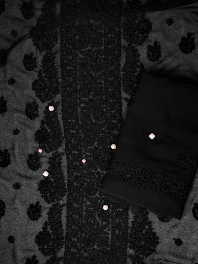 Hand Embroidered Jet Black Georgette Lucknowi Chikankari Indian Women Unstitched Suit Piece