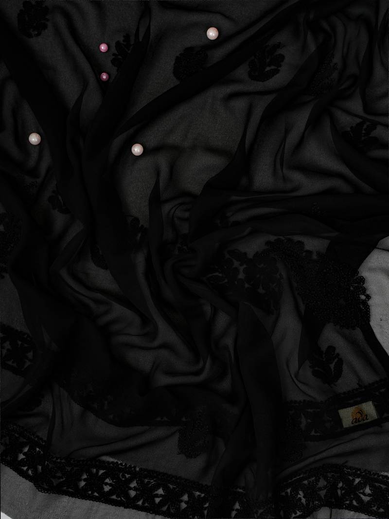 Hand Embroidered Jet Black Georgette Lucknowi Chikankari Indian Women Unstitched Suit Piece