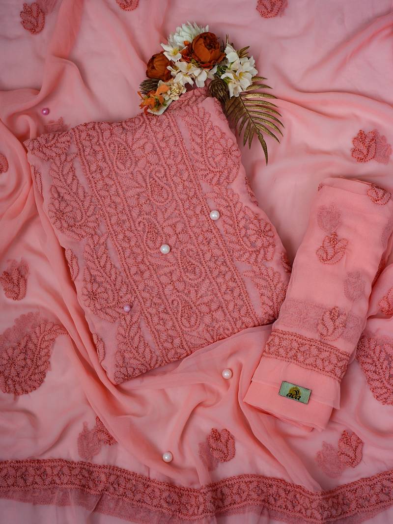 Hand Embroidered Peach Georgette Lucknowi Chikankari Indian Women Unstitched Suit Piece