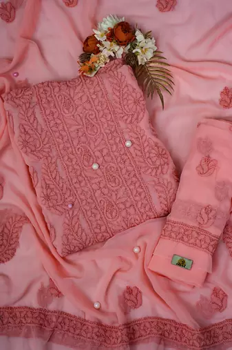 Hand Embroidered Peach Georgette Lucknowi Chikankari Indian Women Unstitched Suit Piece