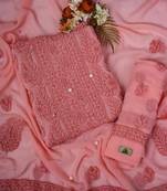 Hand Embroidered Peach Georgette Lucknowi Chikankari Indian Women Unstitched Suit Piece