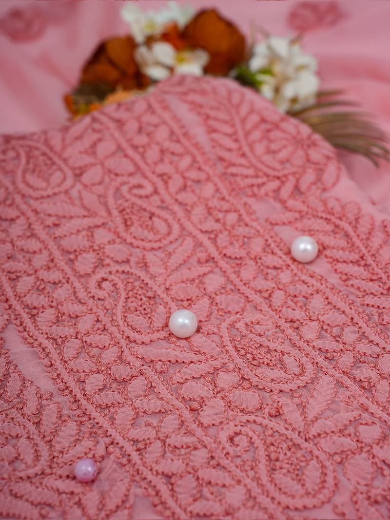 Hand Embroidered Peach Georgette Lucknowi Chikankari Indian Women Unstitched Suit Piece
