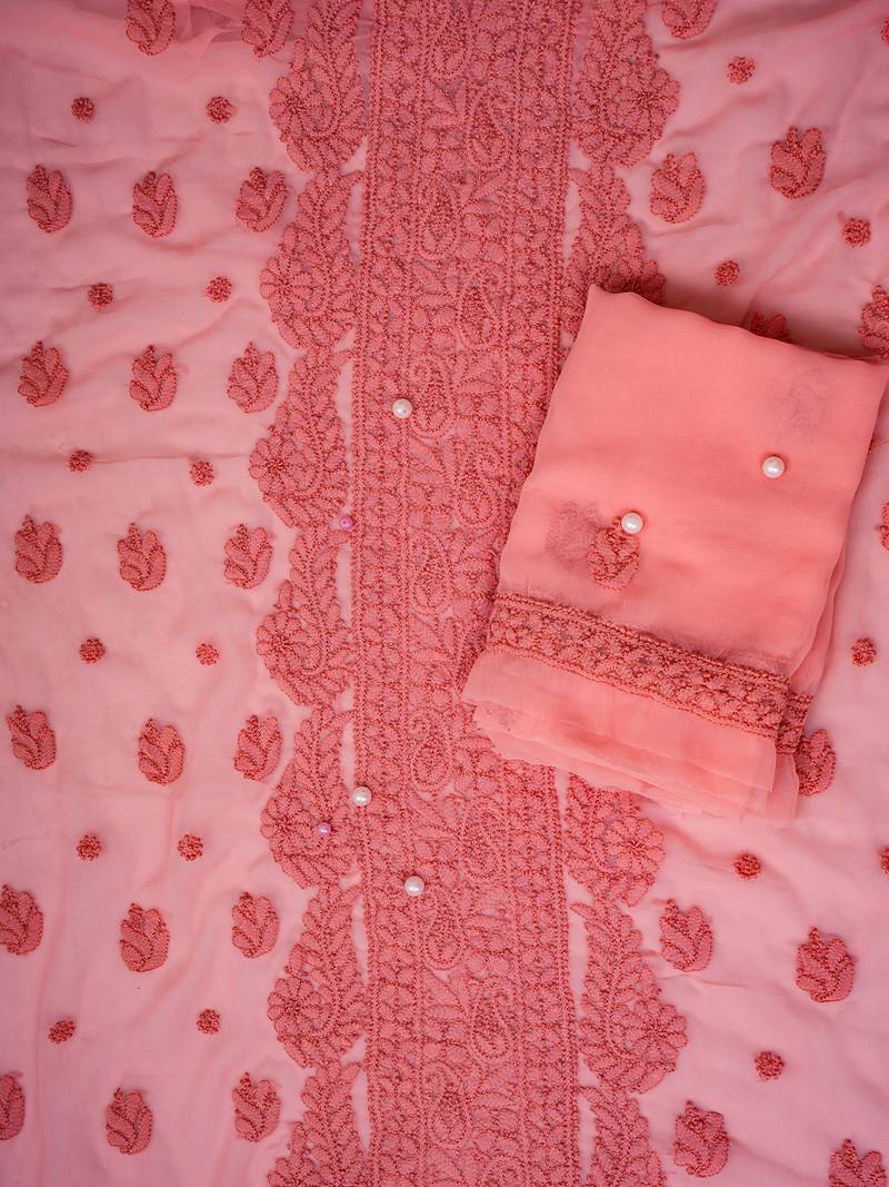 Hand Embroidered Peach Georgette Lucknowi Chikankari Indian Women Unstitched Suit Piece