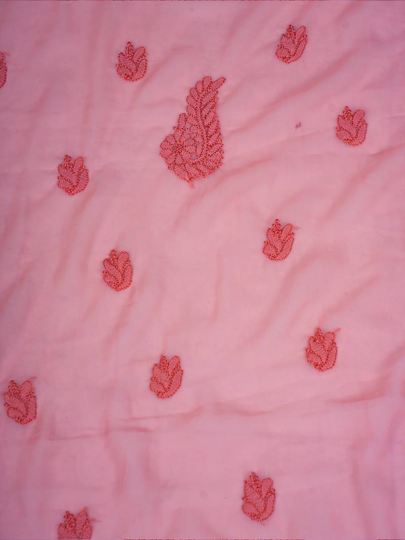 Hand Embroidered Peach Georgette Lucknowi Chikankari Indian Women Unstitched Suit Piece