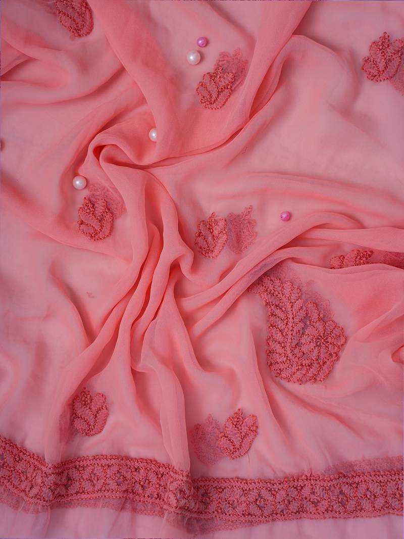 Hand Embroidered Peach Georgette Lucknowi Chikankari Indian Women Unstitched Suit Piece