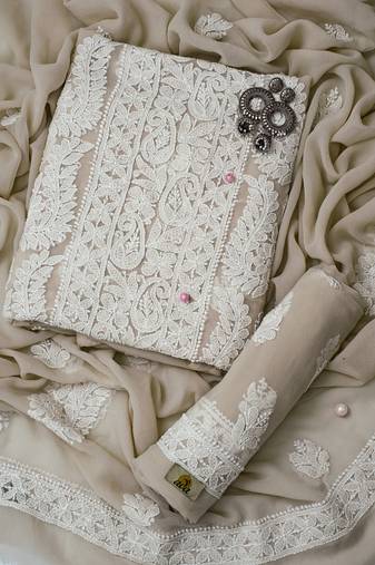 Hand Embroidered Taupe Fawn Georgette Lucknowi Chikankari Indian Women Unstitched Suit Piece