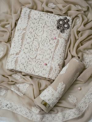 Hand Embroidered Taupe Fawn Georgette Lucknowi Chikankari Indian Women Unstitched Suit Piece 1