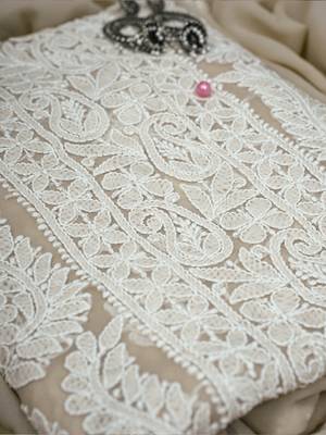 Hand Embroidered Taupe Fawn Georgette Lucknowi Chikankari Indian Women Unstitched Suit Piece 2