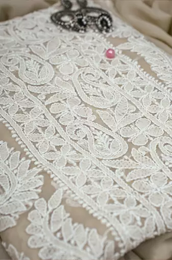 Hand Embroidered Taupe Fawn Georgette Lucknowi Chikankari Indian Women Unstitched Suit Piece