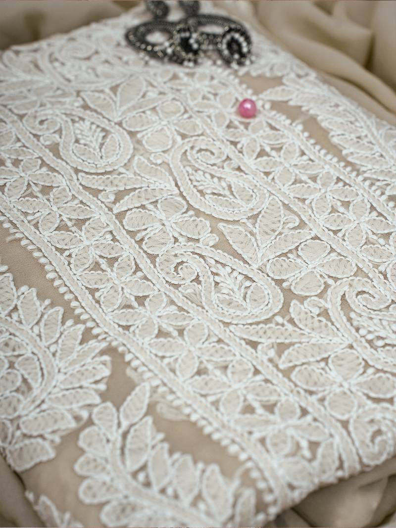 Hand Embroidered Taupe Fawn Georgette Lucknowi Chikankari Indian Women Unstitched Suit Piece