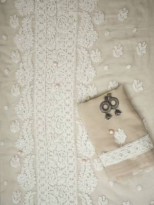 Hand Embroidered Taupe Fawn Georgette Lucknowi Chikankari Indian Women Unstitched Suit Piece 3