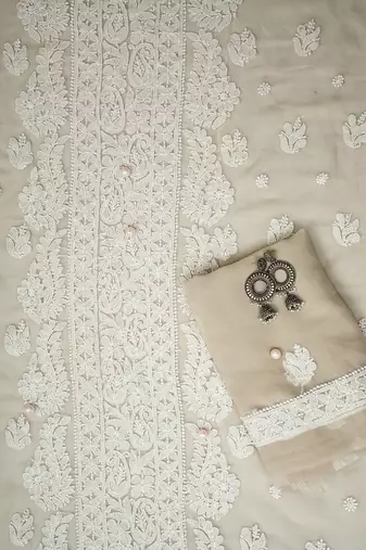 Hand Embroidered Taupe Fawn Georgette Lucknowi Chikankari Indian Women Unstitched Suit Piece