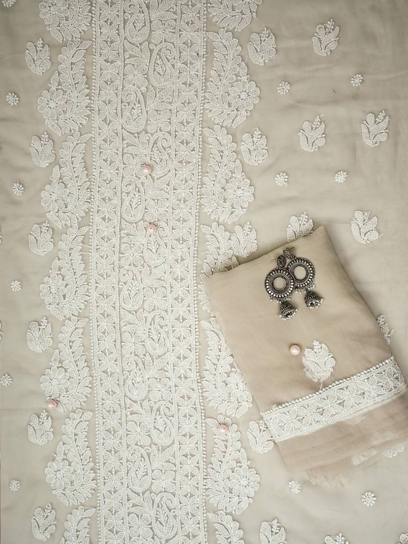 Hand Embroidered Taupe Fawn Georgette Lucknowi Chikankari Indian Women Unstitched Suit Piece