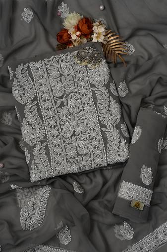 Hand Embroidered Fossil Grey Georgette Lucknowi Chikankari Indian Women Unstitched Suit Piece