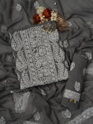 Hand Embroidered Fossil Grey Georgette Lucknowi Chikankari Indian Women Unstitched Suit Piece 1