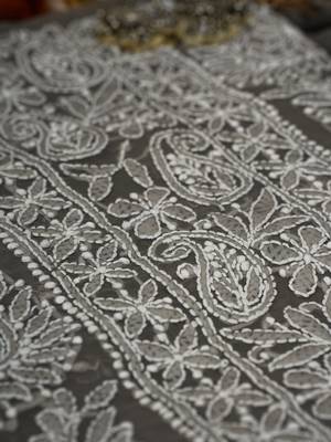 Hand Embroidered Fossil Grey Georgette Lucknowi Chikankari Indian Women Unstitched Suit Piece 2