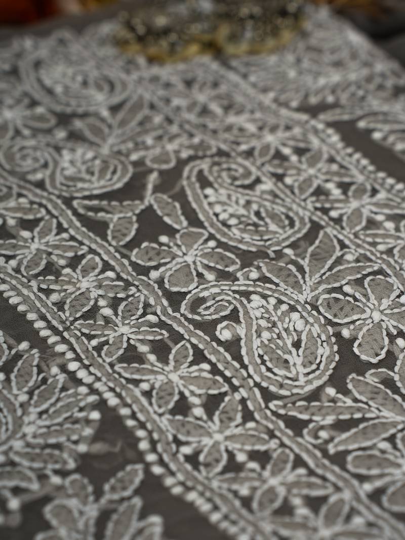 Hand Embroidered Fossil Grey Georgette Lucknowi Chikankari Indian Women Unstitched Suit Piece