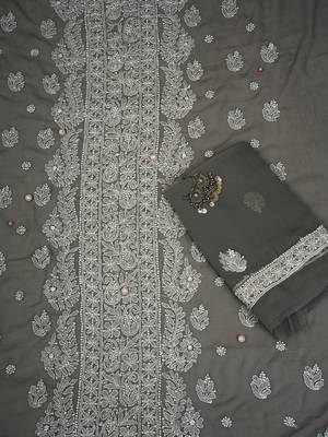 Hand Embroidered Fossil Grey Georgette Lucknowi Chikankari Indian Women Unstitched Suit Piece 3