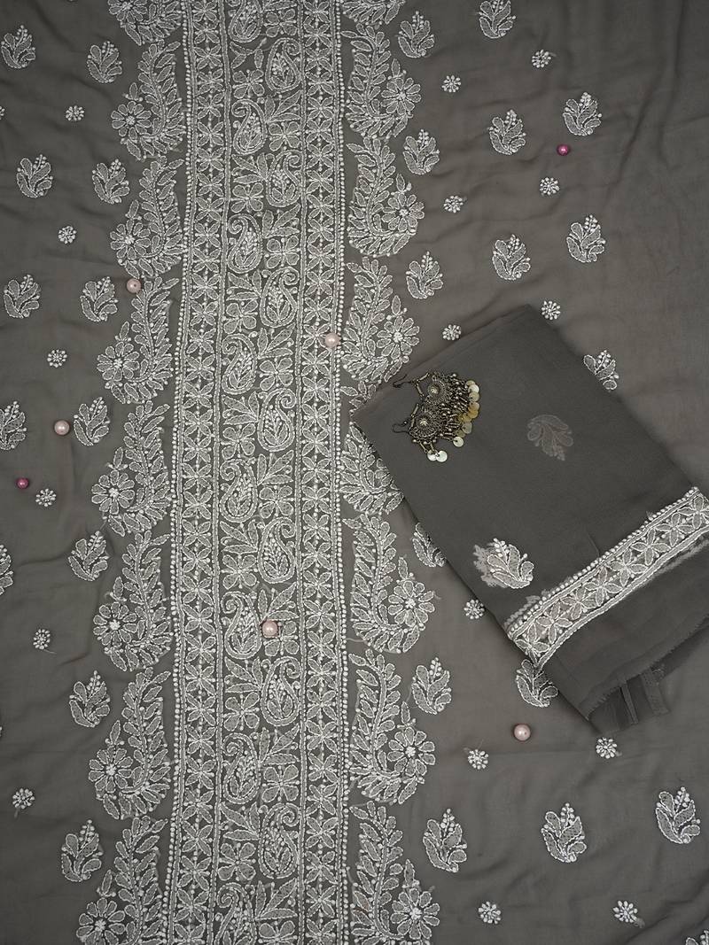 Hand Embroidered Fossil Grey Georgette Lucknowi Chikankari Indian Women Unstitched Suit Piece