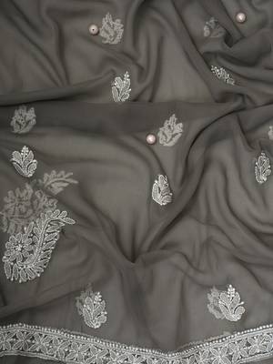 Hand Embroidered Fossil Grey Georgette Lucknowi Chikankari Indian Women Unstitched Suit Piece 5