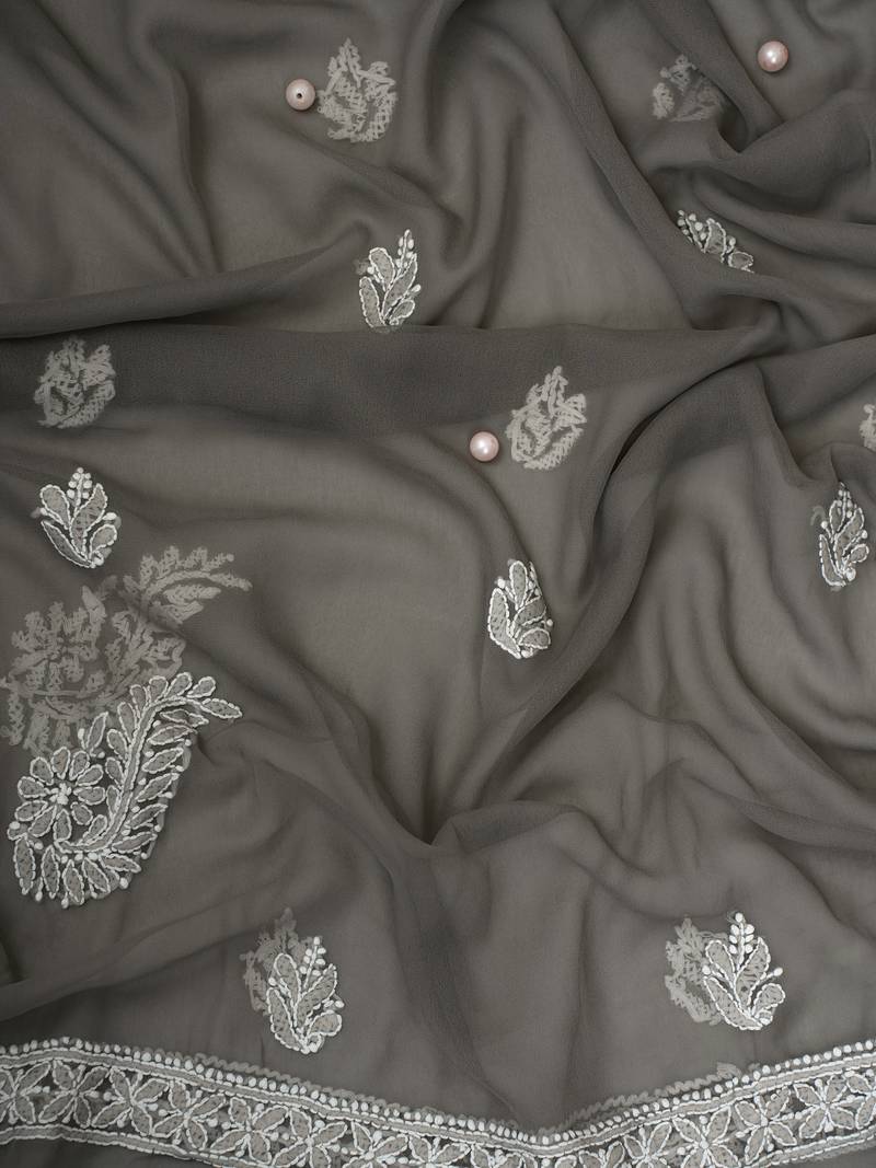 Hand Embroidered Fossil Grey Georgette Lucknowi Chikankari Indian Women Unstitched Suit Piece