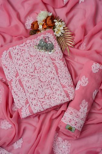 Hand Embroidered Salmon Peach Georgette Lucknowi Chikankari Indian Women Unstitched Suit Piece
