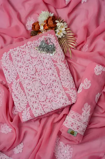 Hand Embroidered Salmon Peach Georgette Lucknowi Chikankari Indian Women Unstitched Suit Piece