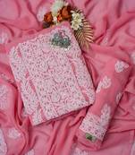 Hand Embroidered Salmon Peach Georgette Lucknowi Chikankari Indian Women Unstitched Suit Piece
