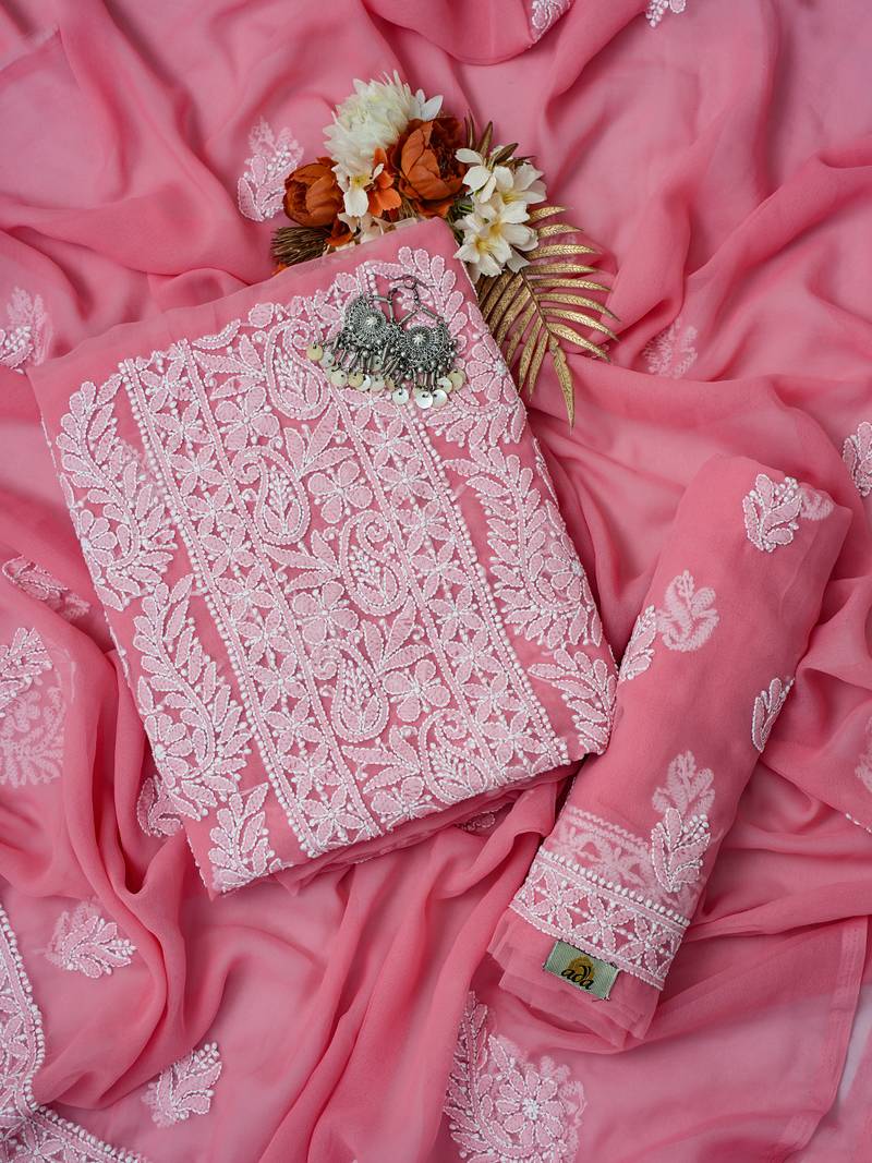 Hand Embroidered Salmon Peach Georgette Lucknowi Chikankari Indian Women Unstitched Suit Piece