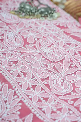Hand Embroidered Salmon Peach Georgette Lucknowi Chikankari Indian Women Unstitched Suit Piece