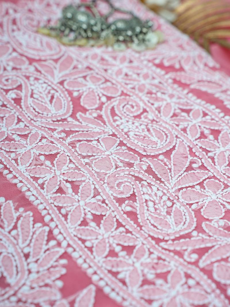 Hand Embroidered Salmon Peach Georgette Lucknowi Chikankari Indian Women Unstitched Suit Piece