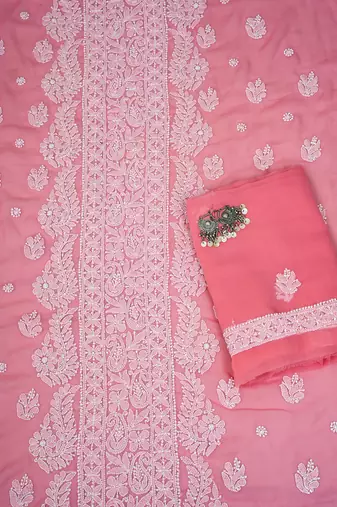 Hand Embroidered Salmon Peach Georgette Lucknowi Chikankari Indian Women Unstitched Suit Piece