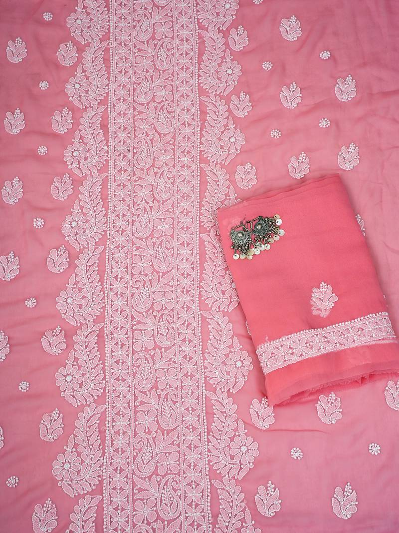 Hand Embroidered Salmon Peach Georgette Lucknowi Chikankari Indian Women Unstitched Suit Piece