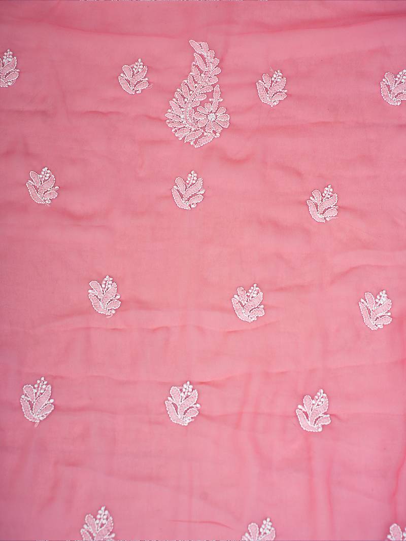 Hand Embroidered Salmon Peach Georgette Lucknowi Chikankari Indian Women Unstitched Suit Piece