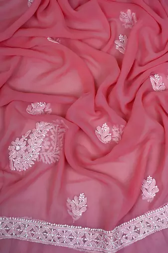 Hand Embroidered Salmon Peach Georgette Lucknowi Chikankari Indian Women Unstitched Suit Piece