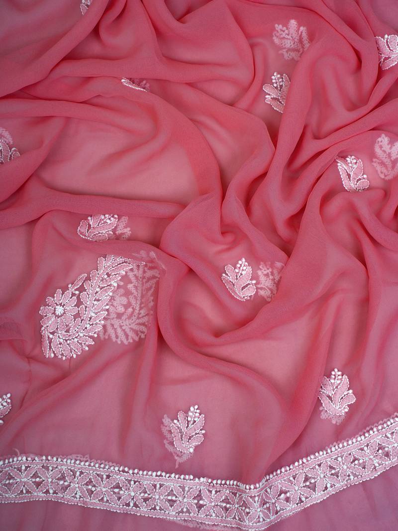 Hand Embroidered Salmon Peach Georgette Lucknowi Chikankari Indian Women Unstitched Suit Piece
