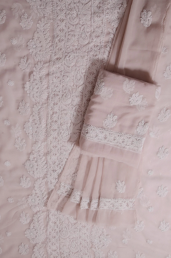 Ada Hand Embroidered Tan Cream Georgette Lucknowi Chikankari Indian Women Unstitched Suit Piece - A211294