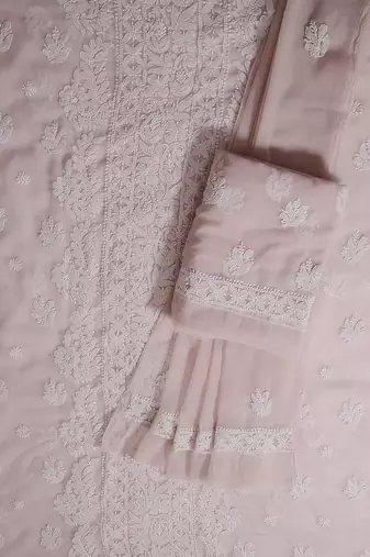 Ada Hand Embroidered Tan Cream Georgette Lucknowi Chikankari Indian Women Unstitched Suit Piece - A211294