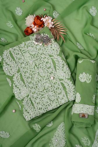 Hand Embroidered Green Georgette Lucknowi Chikankari Indian Women Unstitched Suit Piece