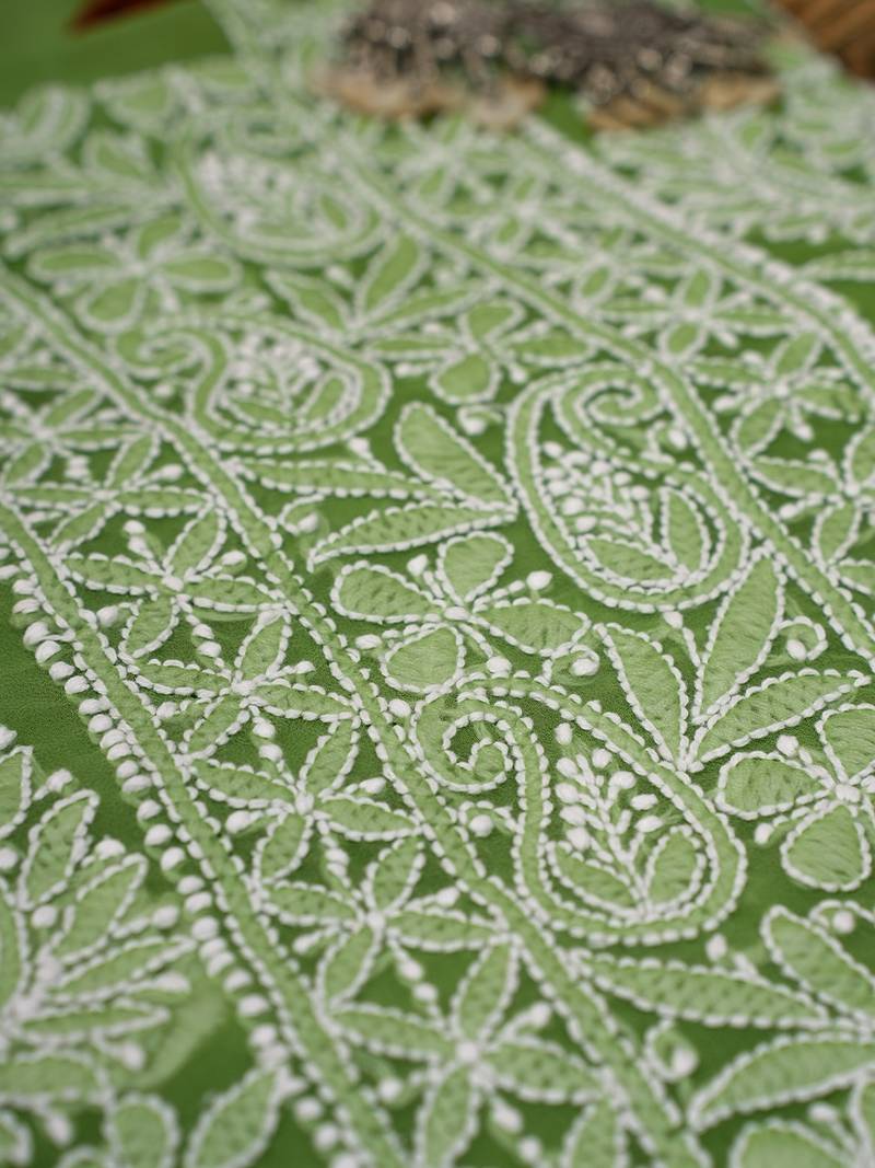 Hand Embroidered Green Georgette Lucknowi Chikankari Indian Women Unstitched Suit Piece