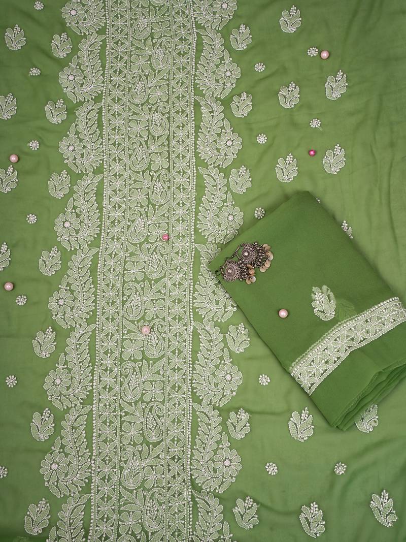 Hand Embroidered Green Georgette Lucknowi Chikankari Indian Women Unstitched Suit Piece