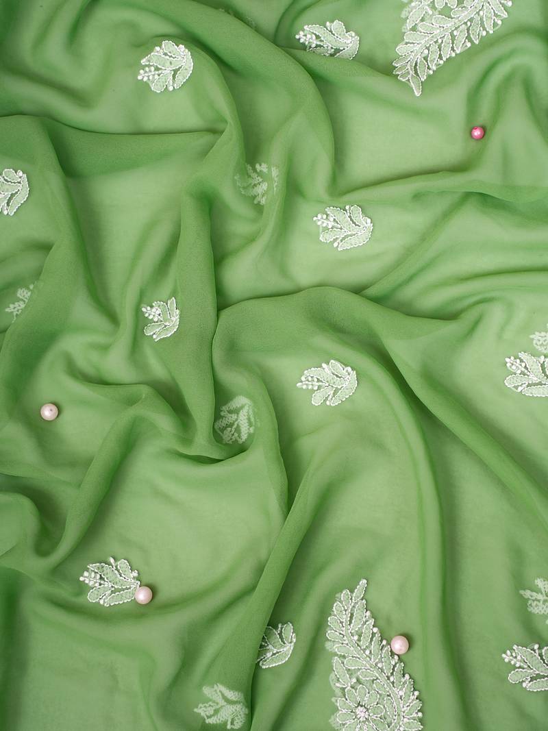 Hand Embroidered Green Georgette Lucknowi Chikankari Indian Women Unstitched Suit Piece