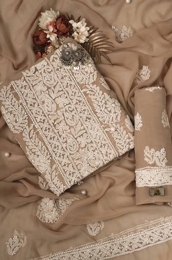 Hand Embroidered Fawn Georgette Lucknowi Chikankari Indian Women Unstitched Suit Piece