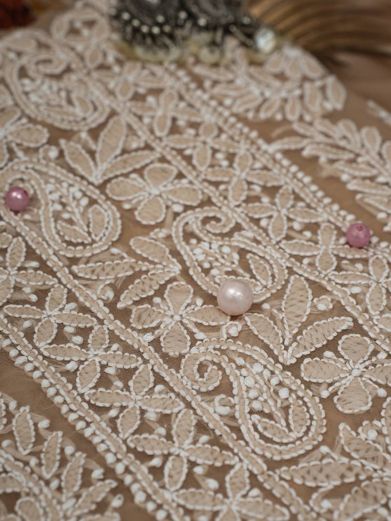 Hand Embroidered Fawn Georgette Lucknowi Chikankari Indian Women Unstitched Suit Piece