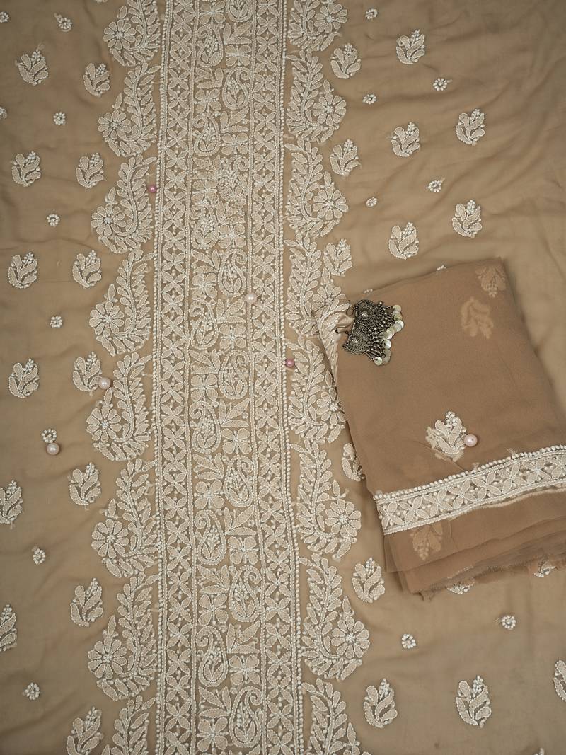 Hand Embroidered Fawn Georgette Lucknowi Chikankari Indian Women Unstitched Suit Piece