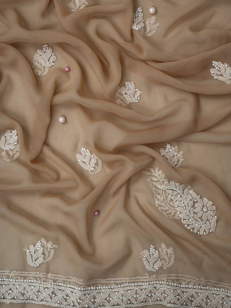 Hand Embroidered Fawn Georgette Lucknowi Chikankari Indian Women Unstitched Suit Piece